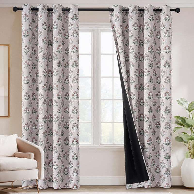 PONY DANCE 100% Blackout Curtains 2 Panels, Delicate Floral Pattern in Light Pink, Bohemian Chic Style Thermal Insulated Curtains for Living Room, Bedroom, Nursery, W132 x L245 cm MegaBDM
