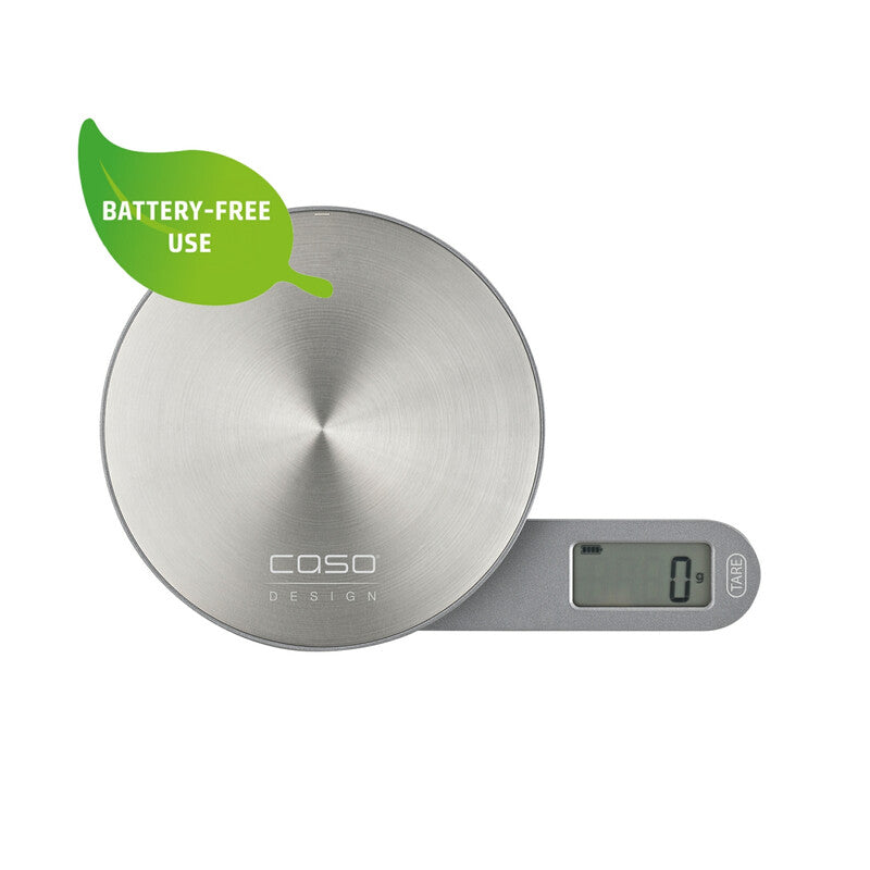 CASO Design EcoMate Battery Free Kitchen Scales – Silver, 5kg Capacity, 1g Increments, Kinetic Power, Magnetic Base, LCD Display, 03268 MegaBDM