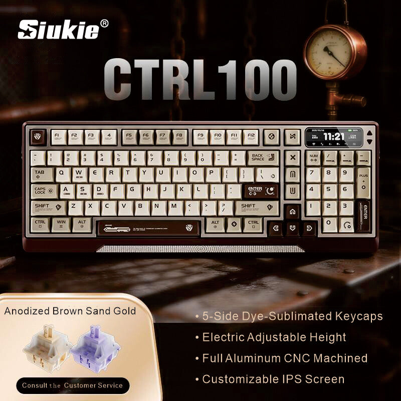 【Innovative Motorized Lift】Siukie CTRL100 CNC Aluminum Mechanical Keyboard, HMX Cream Taro HIFI Switches, Customized IPS Screen, Gasket Mount, Tri-Mode Wireless, 96% Layout, US QWERTY, Brown MegaBDM