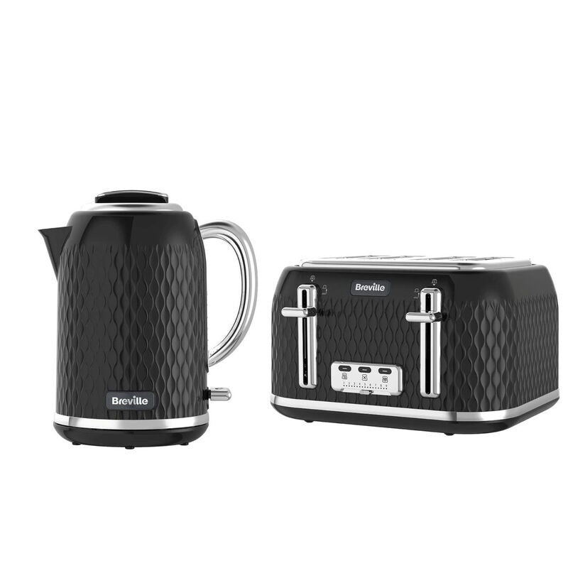 Breville Curve Electric Kettle and 4-Slice Toaster Bundle, 1.7L 3KW Fast Boil, Textured, High-Lift, Wide Slots, Textured, Black & Chrome - VKT017, VTT786 MegaBDM