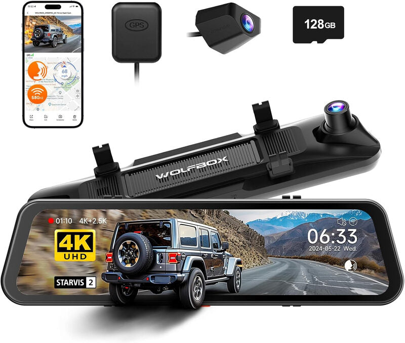 WOLFBOX G900 PRO Dash Cam 4K+2.5K Car DVR Voice Control 5GHZ WI-FI and GPS Video Recorder Front and rear camera, includes 128G Card MegaBDM