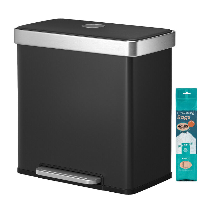 JOYFURNOS Dual Compartment Pedal Rubbish Bin, 2 x 30L Stainless Steel Recycling Kitchen Bin, Soft Close Lid, with Inner Buckets, Grey MegaBDM