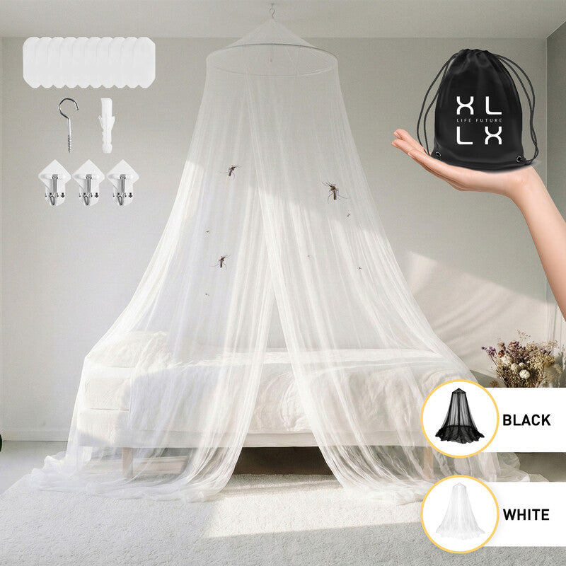 XLLX Mosquito Net, Summer Mosquito Protection, Indoor/Outdoor, Camping, Travel, Includes Storage Bag and No-Drill Adhesive Hooks, Adjustable to Fit Various Sizes, White MegaBDM