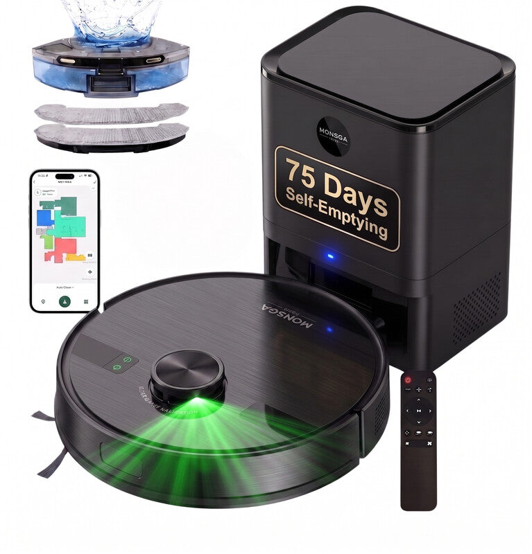 MonsgaClean MS1 MAX robot vacuum and mop with 9000Pa suction, LiDAR navigation, 180-minute runtime, and a 4.0L self-emptying station. App, remote, and voice control. Ideal for hard floors and carpets. Dimensions: 12.6" L x 12.6" W x 3.8" H. MegaBDM