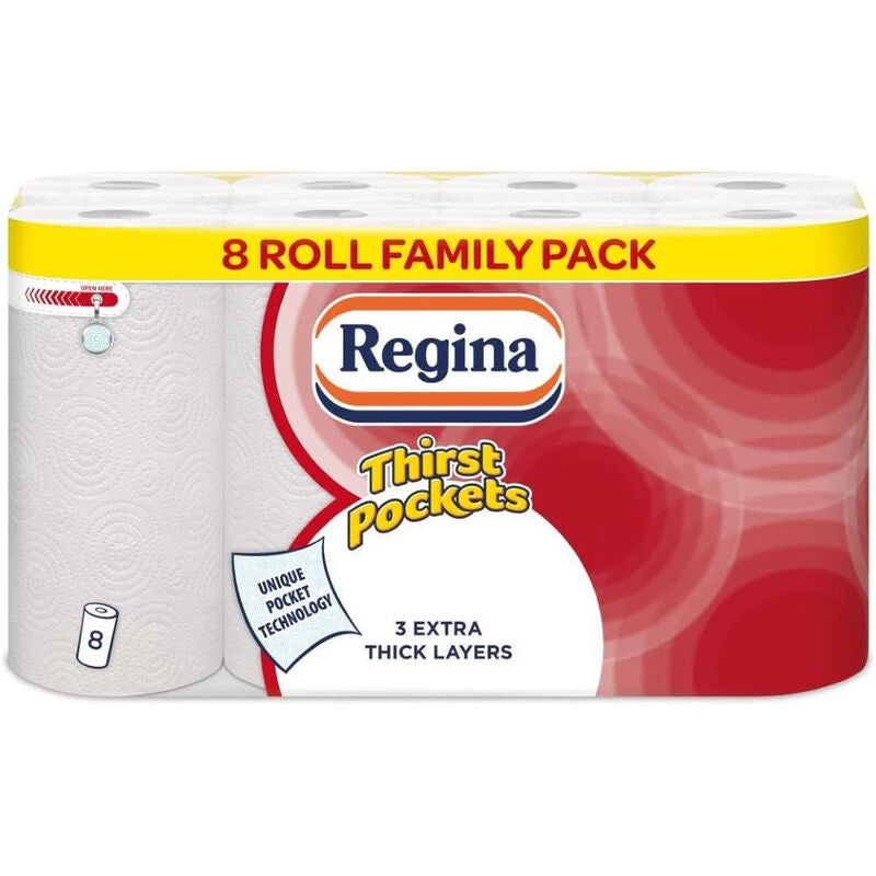 Regina Thirst Pockets Kitchen Roll, 2-Ply, 8 Rolls MegaBDM