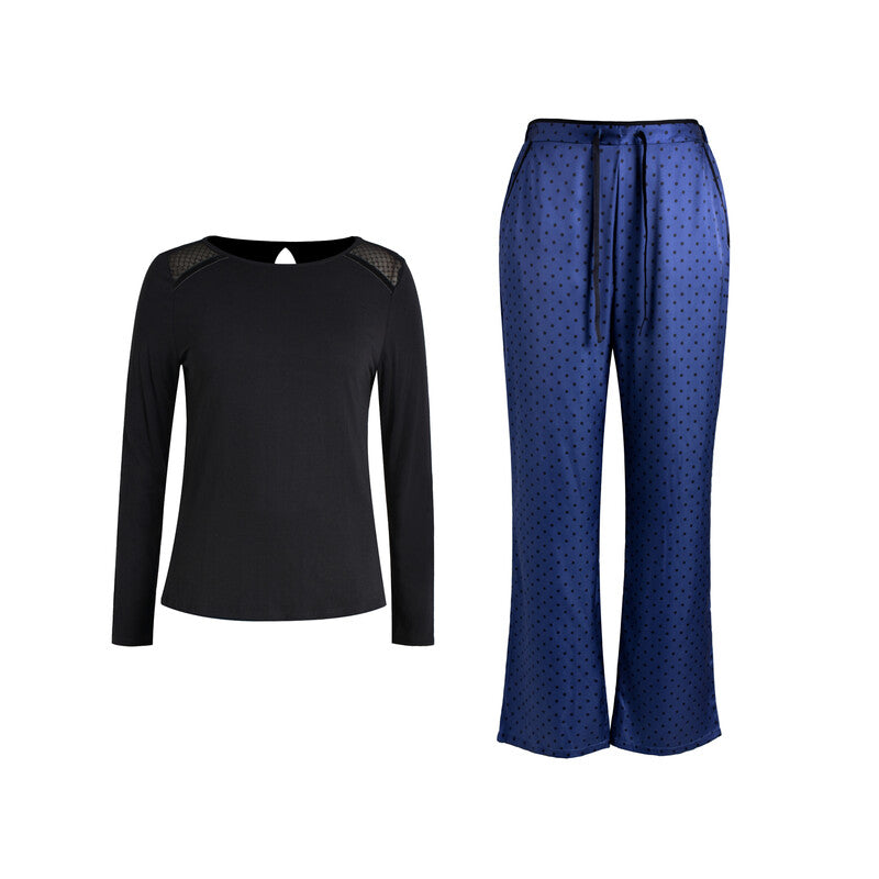 IZURIA round-neck black long sleeved top and navy polka dot pants set L MegaBDM
