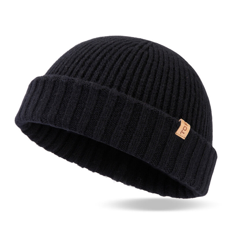 TOP-EX 100% Merino Wool Short Fisherman Beanie Hats for Men Women Warm Winter Hats M/L Black