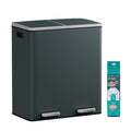 JOYFURNOS Greenish Grey Dual 30L (8 Gal Each) Recycling Bin – Metal, 2 Compartments, Pedals, Soft-Close Lids, Plastic Inner Buckets, Includes 15 Waste Bags, 59x36.5x62.4cm MegaBDM