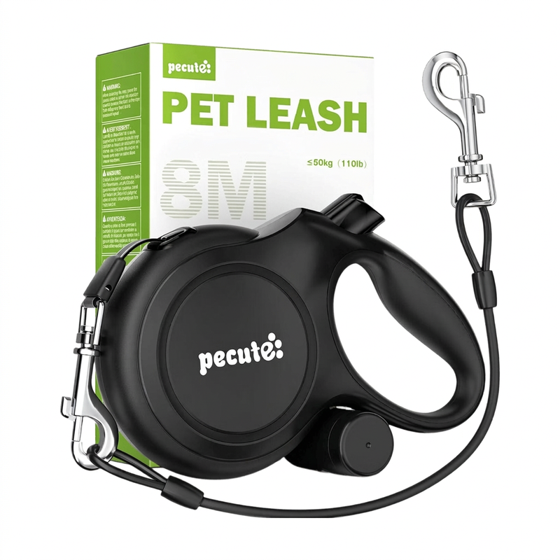 Pecute Instant-Control Series 8m Retractable Dog Leash with Steel Wire Rope & Waste Bag Dispenser for Medium Large Dogs - Black MegaBDM