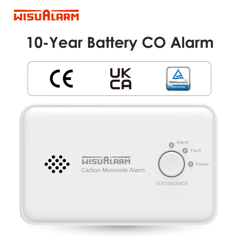 WISUALARM Carbon Monoxide Detector, 10-Year Battery Powered, CO Alarm, with Test/Silence Button, Complies with EN 50291 Standard MegaBDM