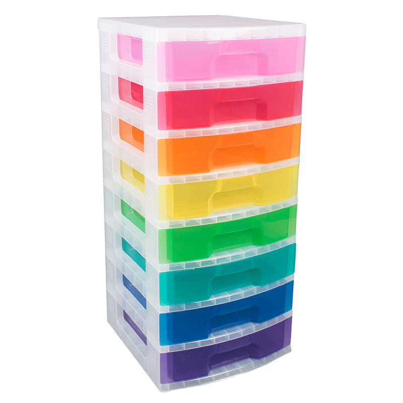 Really Useful Plastic Storage Box Tower 8x9.5L Clear Frame with Rainbow Drawers MegaBDM