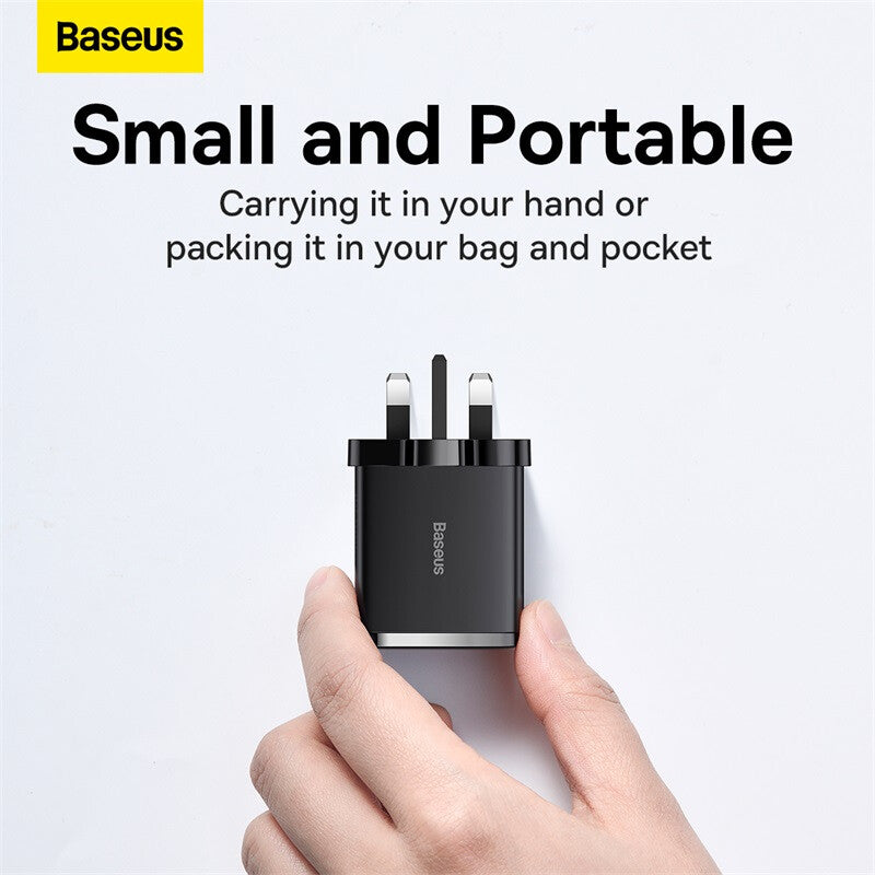 Baseus Quick Charger 2U+C 30W, 3-Port UK Travel Adapter, Black, Compatible with iPhone, Samsung, Google Pixel MegaBDM