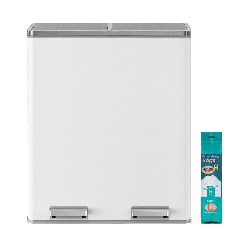 JOYFURNOS Kitchen Bin with 2 Compartments, 2 x 30 L Double Rubish Bin with Lids, Pedals, Plastic Inner Buckets, Soft Close, White and Grey MegaBDM