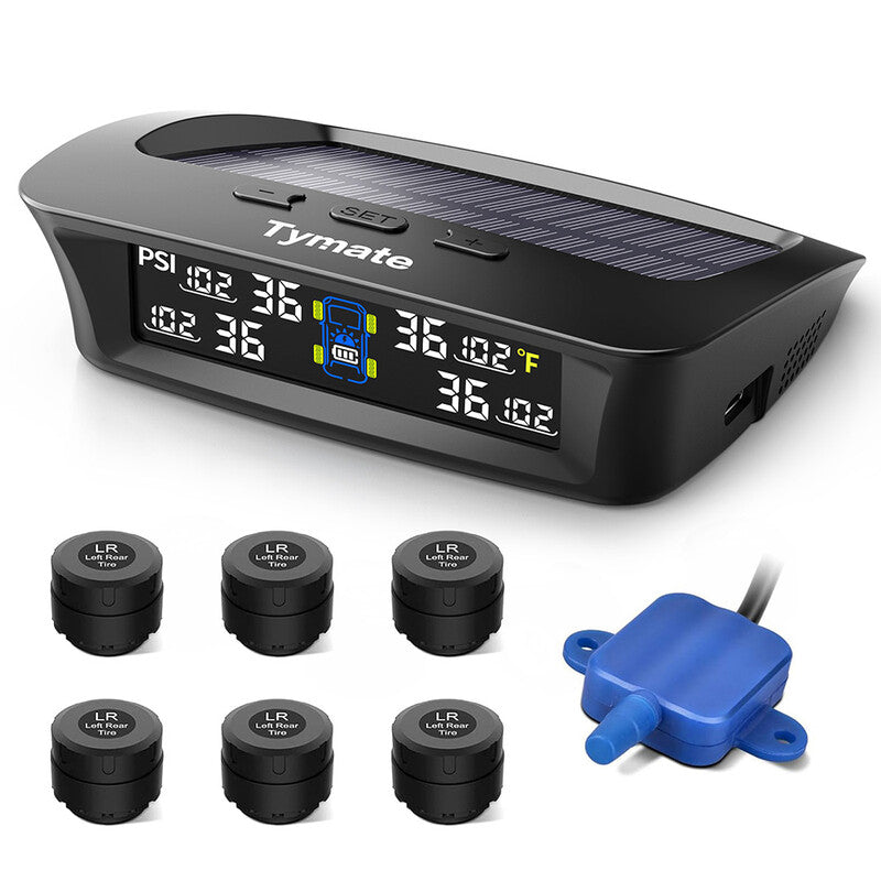 Tymate RV Tire Pressure Monitoring System, Solar Charging Tire Pressure Monitor, Equipped with 6 Sensors, 6 Alarm Modes, Repeater, with Color LCD Display, 0-87PSI, Suitable for RVs/Trailers/Trucks, TM3C+6TS2+TR5 MegaBDM