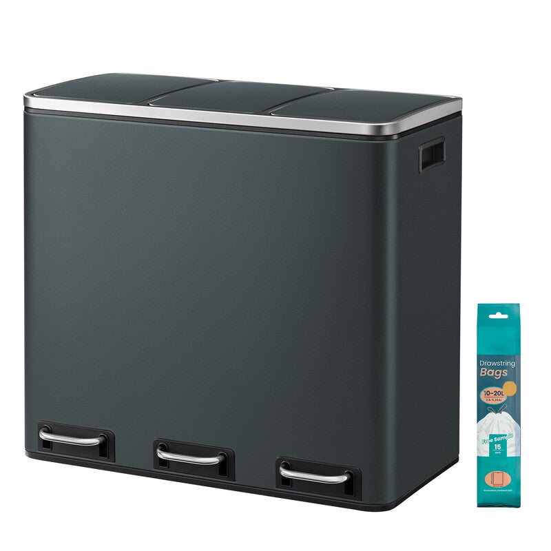 JOYFURNOS Triple Compartment Recycling Bin, 3 x 18L Waste Pedal Bin for Kitchen, Soft-Close Lids, Steel, Gray MegaBDM