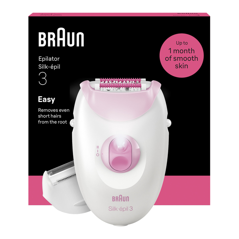 Braun Silk-épil 3, Corded Epilator for Hair Removal with Shaver Head Attachment, Shaver & Epilator, Weeks of Smooth Skin, 3-031, Pink MegaBDM