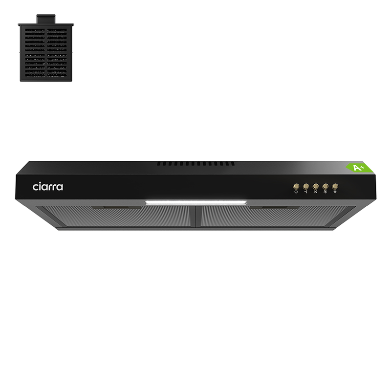Ciarra Slimline 60cm Cooker Hood for Cabinet Mounting – Black Housing, Compact Build, Dual Venting Option, Push-Button Control MegaBDM