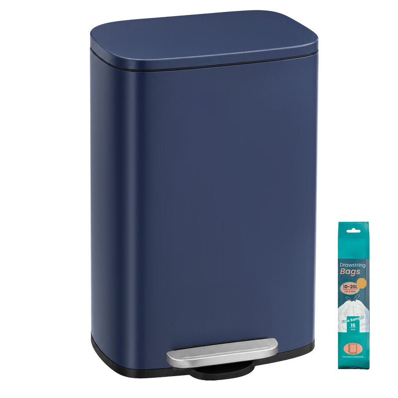 JOYFURNOS 50 L Kitchen Bin, Rubbish Bin, Stainless Steel Trash Bin, Soft Close, Step-On Pedal, Removable Inner Bucket, Blue MegaBDM