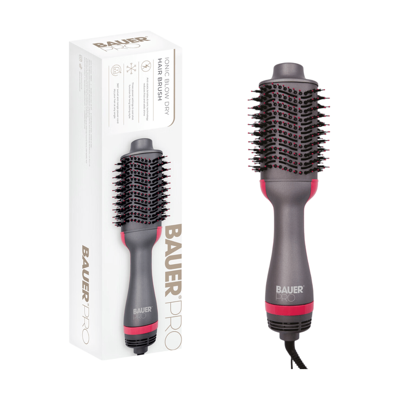 Bauer Hot Air Blow Dry Brush. 1200W Ionic Oval Volumiser, Fast Styling for Medium to Long Hair, Hair Dryer Brush, Grey MegaBDM