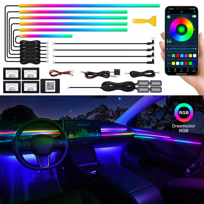 Dreamcolor Acrylic Interior Car LED Strip Light with Wireless APP, RGB 14 in 1 with 175 Inches 593 LEDs Fiber Optic Ambient Lighting Kits, 16 Million Colors Sound Active Function Car Neon Lights MegaBDM
