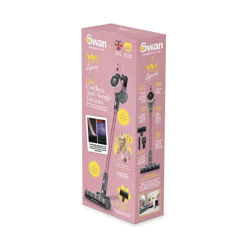 Swan TV's Queen of Clean Cordless Anti-Tangle Vacuum Cleaner, 22.2V, 2 Speed Settings, Pet Tool - Pink, SC15827QOC MegaBDM