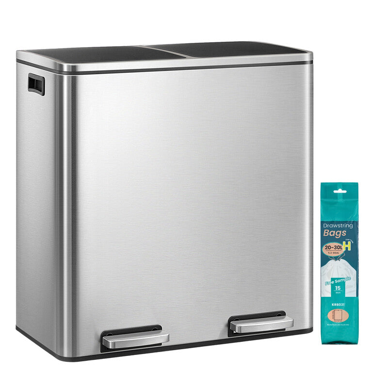 JOYFURNOS Silver & Black Dual 30L (8 Gal Each) Recycling Bin –59x36.5x62.4cm Metal, 2 Compartments with Pedals, Soft-Close Lids, Plastic Inner Buckets, Includes 15 Liners MegaBDM