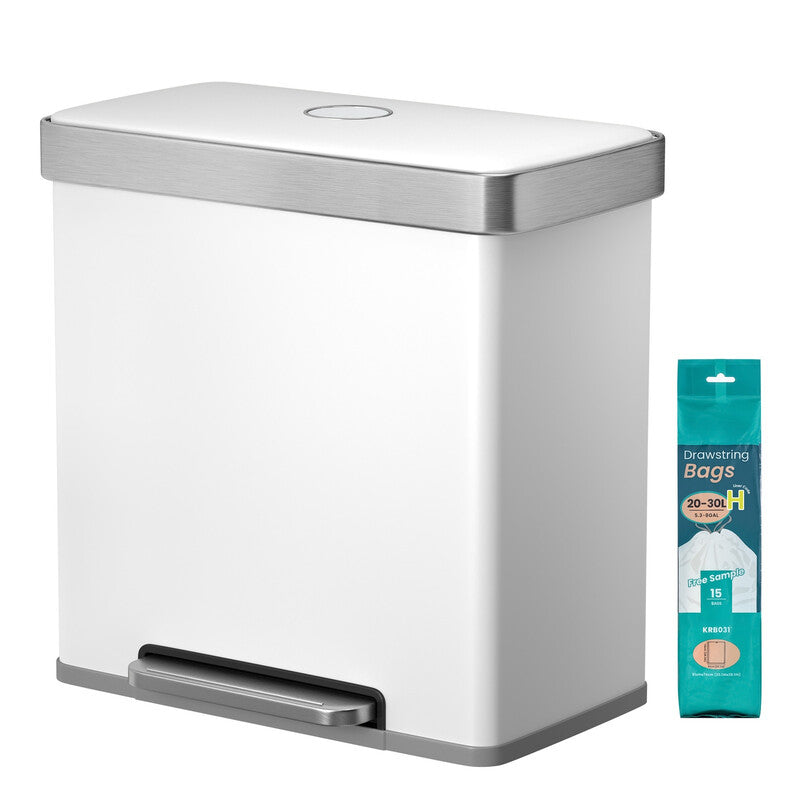 JOYFURNOS Dual Compartment Pedal Rubbish Bin, 2 x 30L Stainless Steel Recycling Kitchen Bin, Soft Close Lid, with Inner Buckets, White MegaBDM