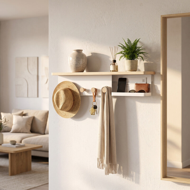 kapanou Floating Shelves for Wall, Natural Wood Grain Shelf with Front and Back Coat Hooks and Extra Storage Compartments (White), New Year Sale, Top Gift Picks MegaBDM