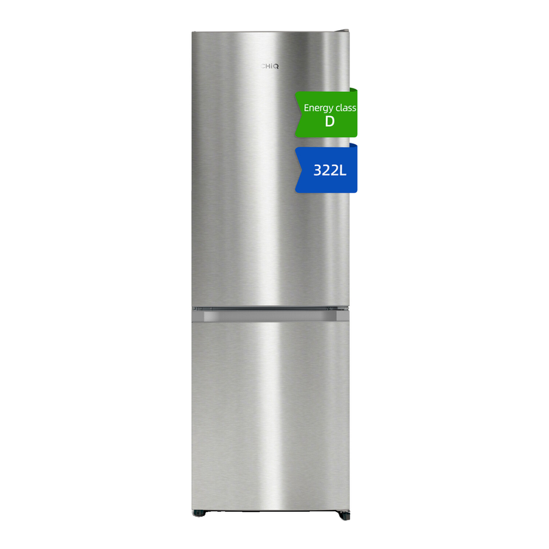 CHiQ JKR318WSSD 60cm Wide 185cm Tall Total No Frost Freestanding Fridge Freezer - 322L - Premium Stainless Steel - D Rated MegaBDM