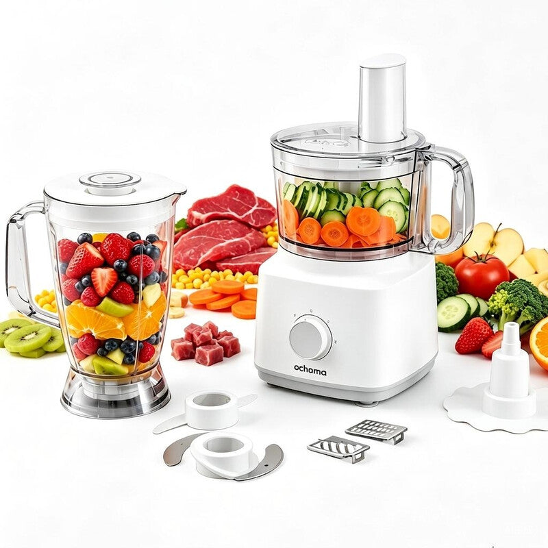 ochama Food Processor 750W, 1.8L Large Capacity, Blender, Meat Grinder, Vegetable Chopper, Slicing, Shredding, Grater Discs, Detachable Parts, Easy to Clean MegaBDM