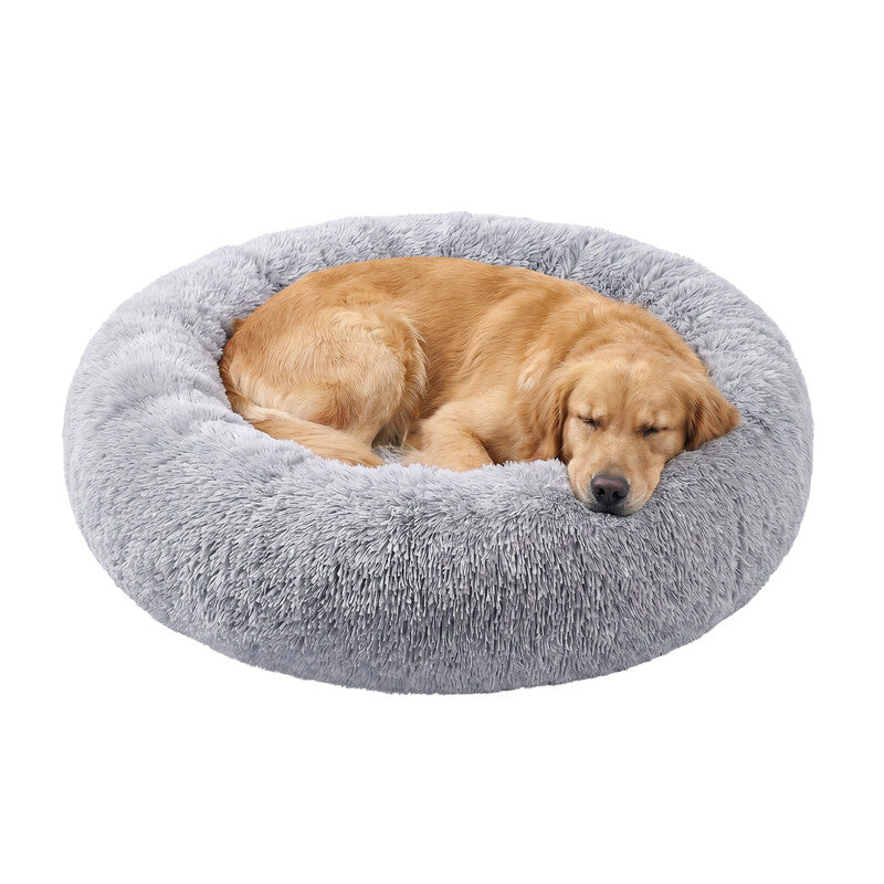 Ochama Fluffy Dog Bed, Cat Bed, Doughnut Cushion, Washable, Removable Padding in the Middle, Long Plush, 120 cm Diameter, Ombre Grey MegaBDM