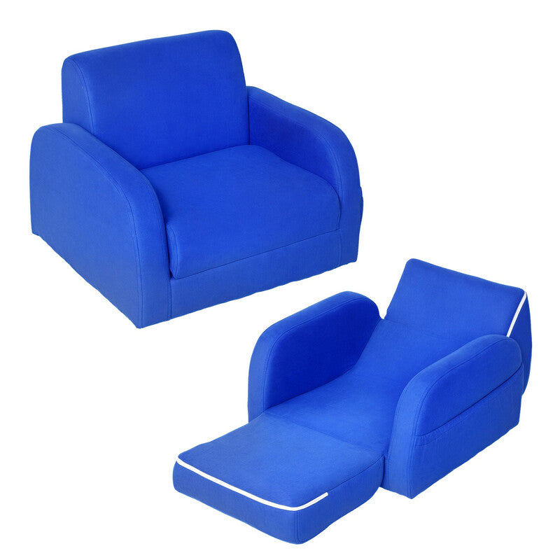 HOMCOM Children's Armchairs Kids Toddler Sofa Chair 2 In 1 Sofa Bed Folding Couch Soft Flannel Sponge Playroom Bedroom Living Room Blue MegaBDM