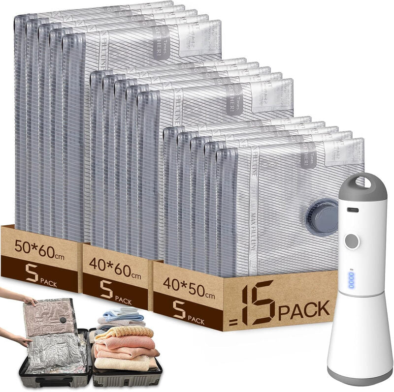 HOMOH Vacuum Bags for Clothes with Wireless Vacuum Pump, Pack of 15 (5 x 40 x 50 cm, 5 x 40 x 60 cm, 5 x 50 x 60 cm), Reusable Vacuum Bags for Travel, Duvets, Moving, Bed Linen MegaBDM