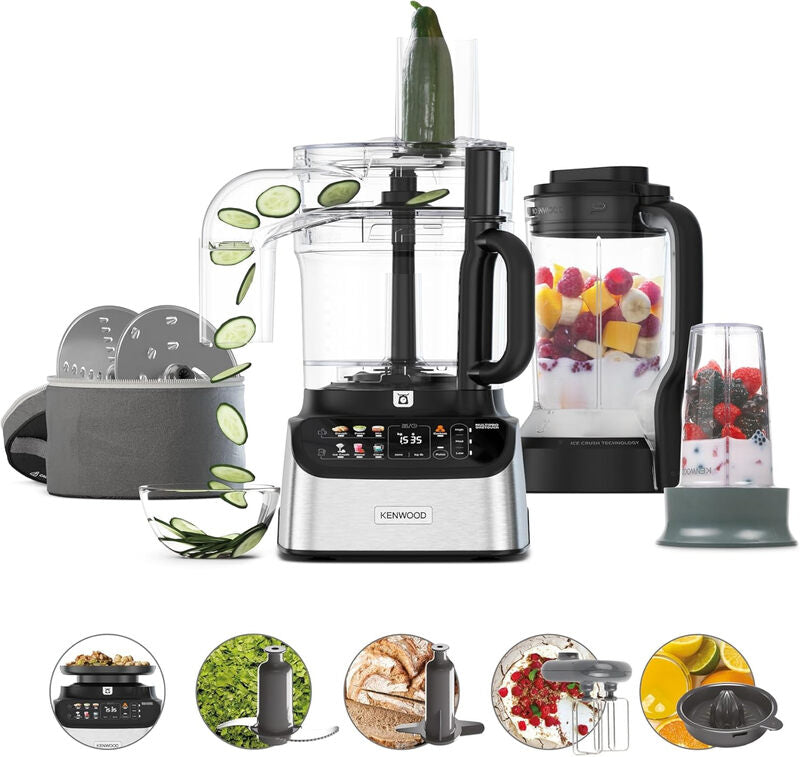 Kenwood MultiPro OneTouch 3-in-1 Integrated Weighing + Food Processor and Blender - Black/Silver, 3L Capacity, 1000W, with 13 Accessories, Variable Speed and Pulse Function, Dishwasher Safe, FDM73.850SS MegaBDM