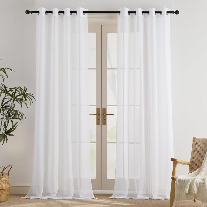 PONY DANCE Sheer Linen Look Curtains with Eyelet, 2 Panels W140 x L260 cm(W55 x L102 Inch), White MegaBDM
