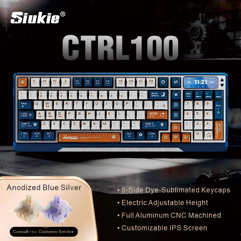 【Innovative Motorized Lift】Siukie CTRL100 CNC Aluminum Mechanical Keyboard, HMX Cream Taro HIFI Switches, Customized IPS Screen, Gasket Mount, Tri-Mode Wireless, 96% Layout, US QWERTY, Klein Blue MegaBDM