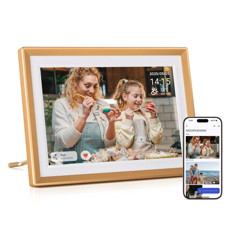 ARZOPA D10 Metal Digital Picture Frame 10.1 Inch Free Cloud Storage WiFi Picture Frame Digital HD Touchscreen No Subscription Share Photos Videos Individual Greeting Card to Give as a Gift - D10 Gold MegaBDM
