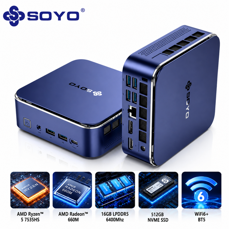 SOYO S5Air Mini PC, AMD Ryzen 5 7535HS Mini PC Windows 11 Pro (6 Cores 12 Threads, up to 4.55 GHz) 16GB LPDDR5 512GB NVME SSD Mini Computer | AMD Radeon 660M | BT5.2 | Wi-Fi 6E | 8K MegaBDM