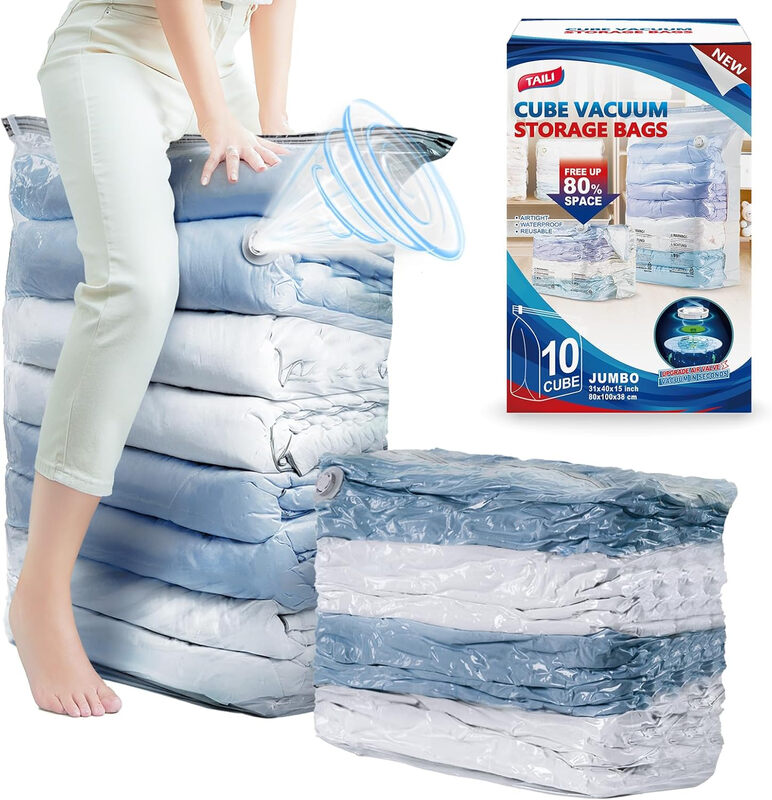 TAILI 10 Pack Vacuum Storage Bags, Space Saver Bags, Jumbo Cube 31x40x15 Inch, Extra Large Vacuum Sealed Bags for Comforters, Blankets, Bedding, Clothes, Closet Organization Space Saving, Clear MegaBDM