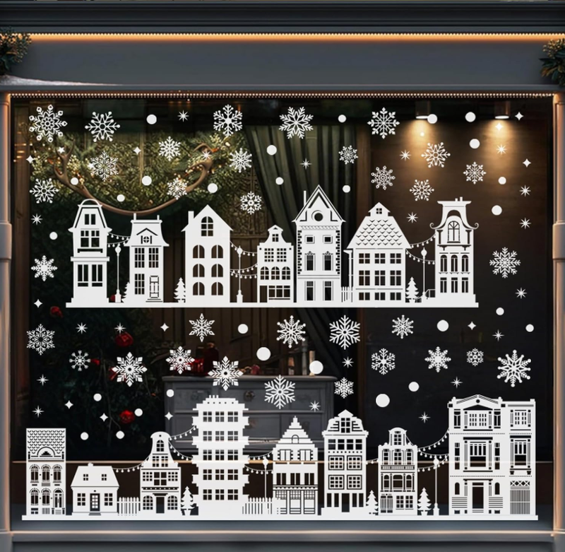JU7CER 9 double-sided Christmas window decoration, reusable PVC electrostatic snowflake window decoration sticker, white snowflake house pattern MegaBDM
