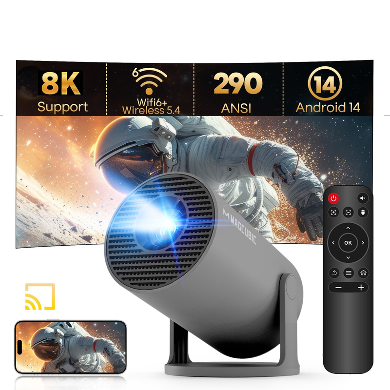 【Lite Entertainment】Magcubic HY300 Pro Mini Projector 720p Native with 1080p Support Wi-Fi 6 Bluetooth 5.4 Android 14 Auto Keystone and 180° Rotating Stand Grey