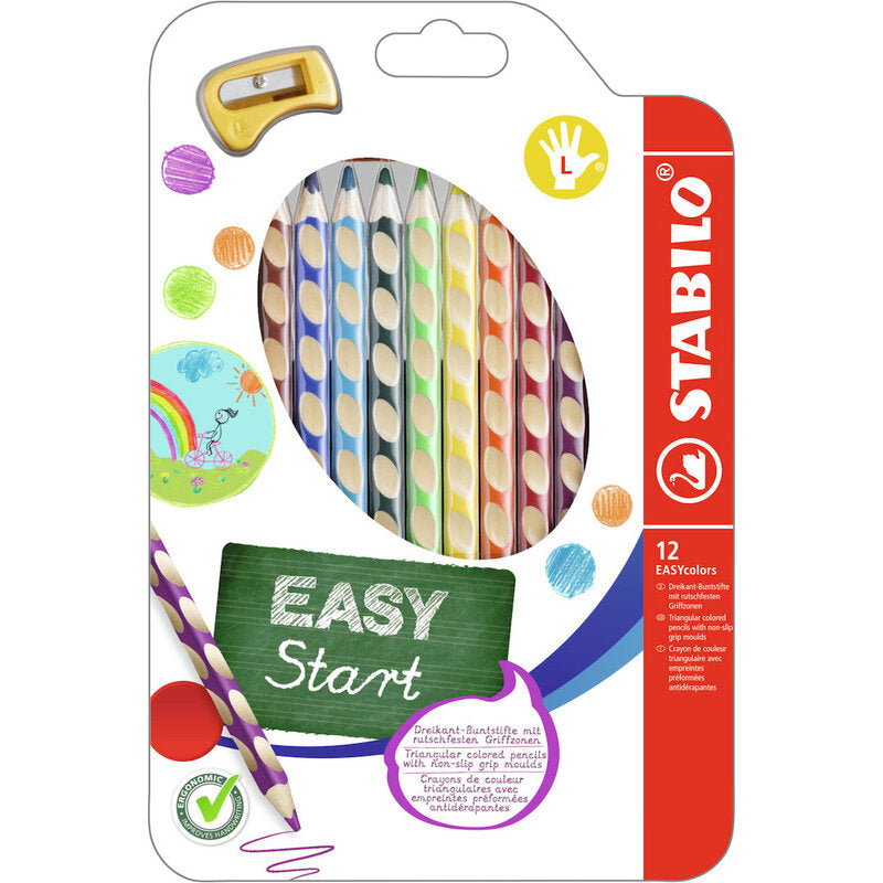 STABILO EASYcolors - Ergonomic Colouring Pencil - Left-Handed - Pack of 12 - Assorted Colours with Sharpener MegaBDM