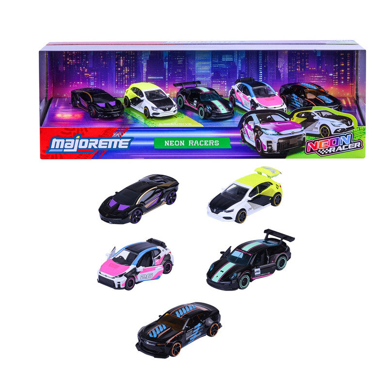 Majorette Neon Racers 1:64 Die-Cast Metal 5 Car Gift Set, Black with Neon Accents MegaBDM