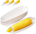 DAFUCERAMIC Porcelain Corn Cob Holders 8.8" Corn Dishes Set of 4 White Dishes With Stainless Steel Corn Cob Holders 4 pcs Microwave Dishwasher Oven Safe MegaBDM