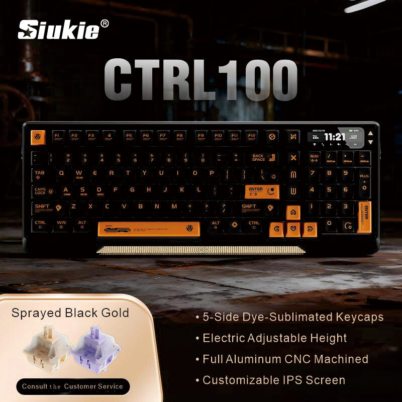 【Innovative Motorized Lift】Siukie CTRL100 CNC Aluminum Mechanical Keyboard, HMX Cream Taro HIFI Switches, Customized IPS Screen, Gasket Mount, Tri-Mode Wireless, 96% Layout, US QWERTY, Sparkling Black MegaBDM