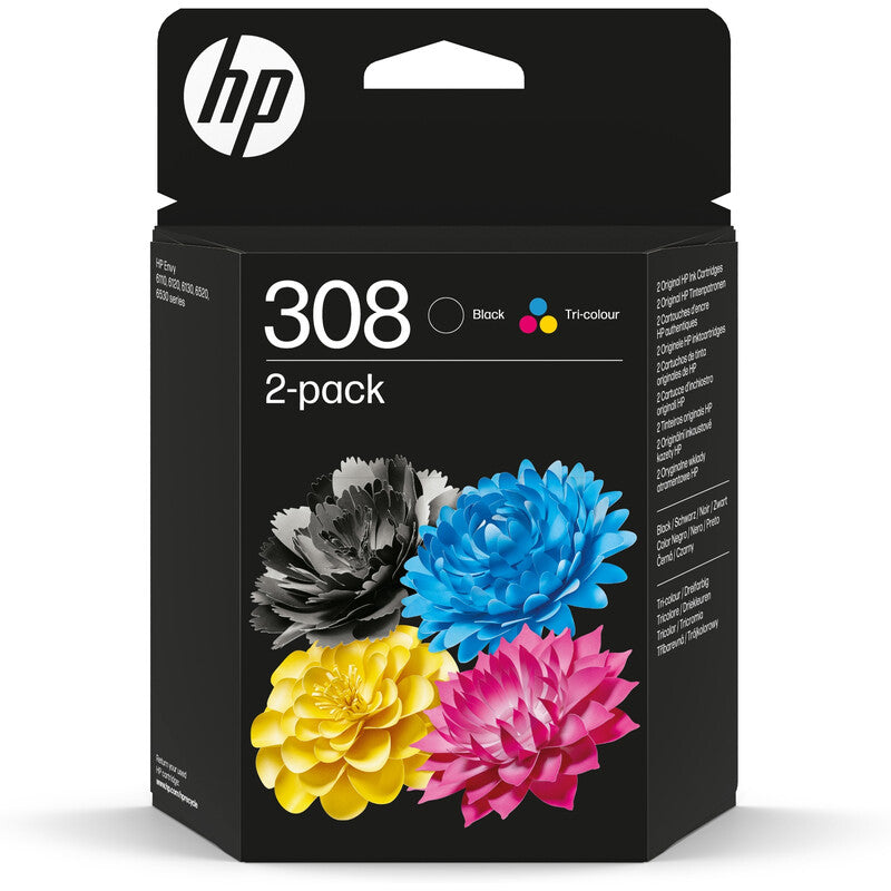HP 308 Black/Tri-Colour Original Ink Cartridge Combo 2-Pack, Compatible With HP Envy 6120e Printer MegaBDM
