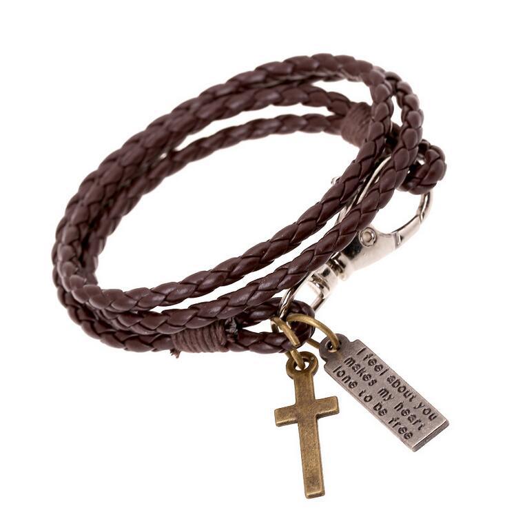 Woven Leather Simple Double Imitation Punk Bracelet - Brown MegaBDM