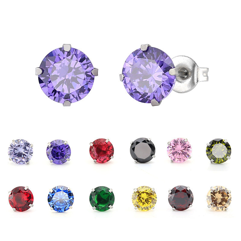 Titanium Steel Diamond Stainless Electroplated Color Stud Earrings - Steel Color 5mm Purple Blue round Zirconium One MegaBDM