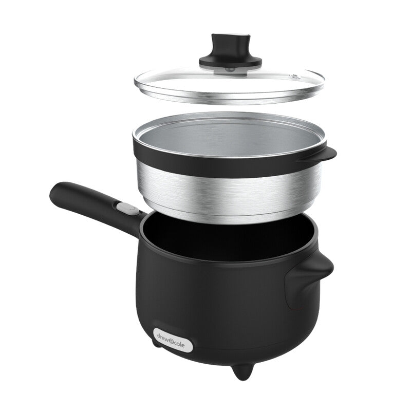 Drew & Cole Cleverpot Cooking Pot - Black, 1.2L, 600W, Compact, Portable, Serves Up to 3 People, With Glass Lid & Steam Basket MegaBDM