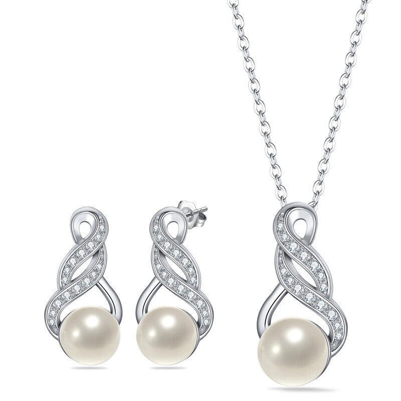Ever Faith Cubic Zirconia and Freshwater Cultured Pearl Infinity Pendant Necklace and Dangle Earrings Set MegaBDM